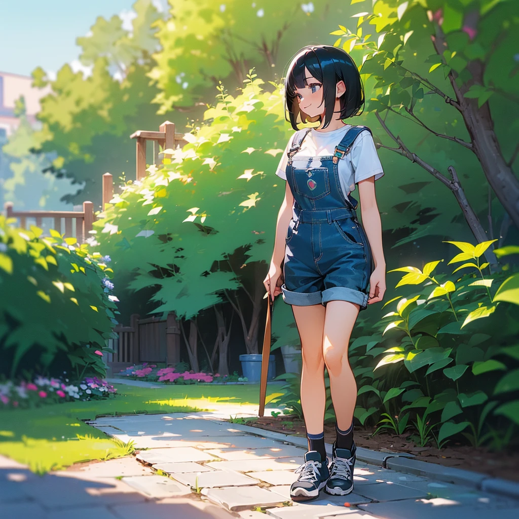 (high quality, High resolution, Very detailed, reality:1.37), Peaceful atmosphere, (Outdoor, garden), Teenage girl standing alone, (my breasts are big.), Beautiful details, Cute Smile, (Black bob hair), Short sleeve shirt, Overalls, Blue socks, sneakers.