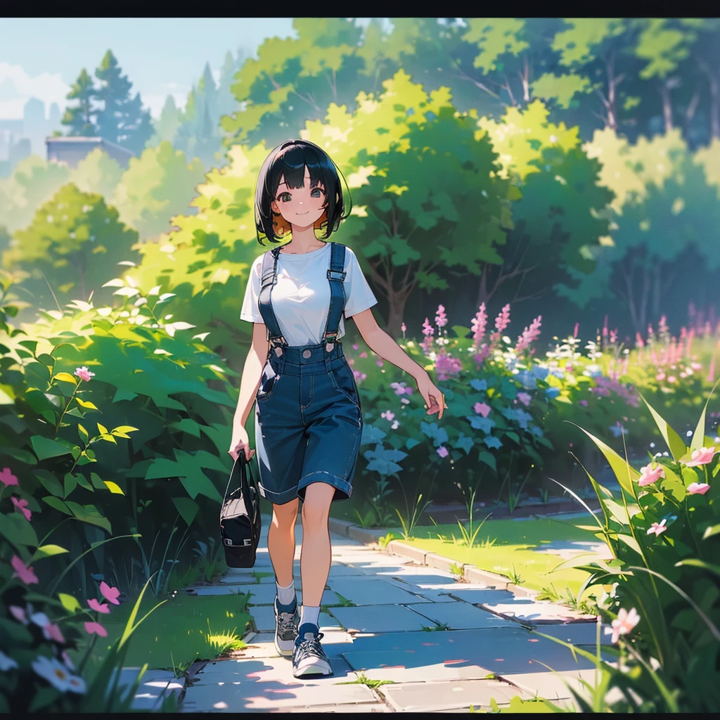 (high quality, High resolution, Very detailed, reality:1.37), Peaceful atmosphere, (Outdoor, garden),  girl standing alone, (my breasts are big.), Beautiful details, Cute Smile, (Black bob hair), Short sleeve shirt, Overalls, Blue socks, sneakers.