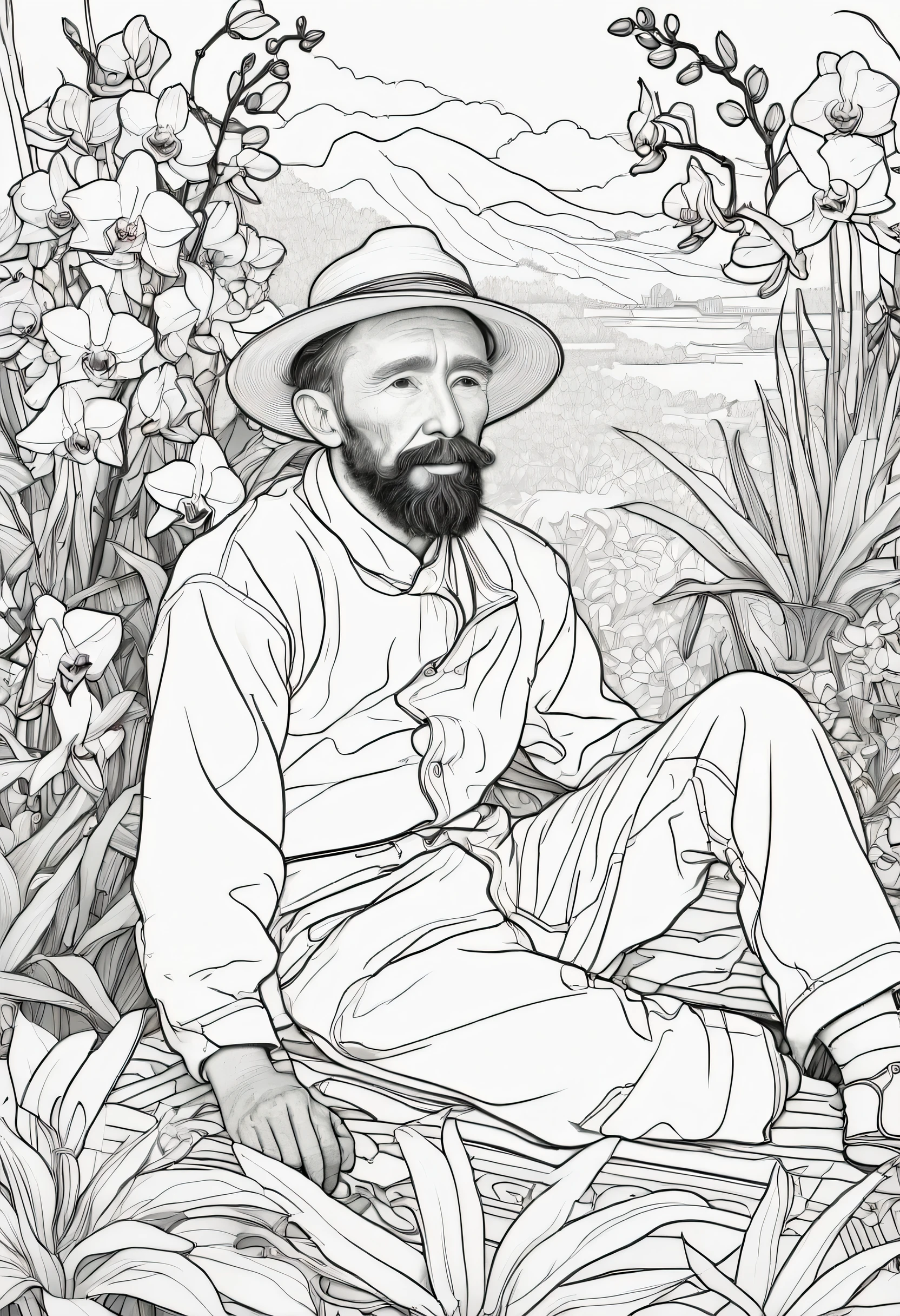 Line drawing, Pixar style, coloring page,Vicent van gogh resting among vibrant orchids in an Asian-inspired  ColoringBookAF,blank white background,ColoringBookRedmond-ColoringBook