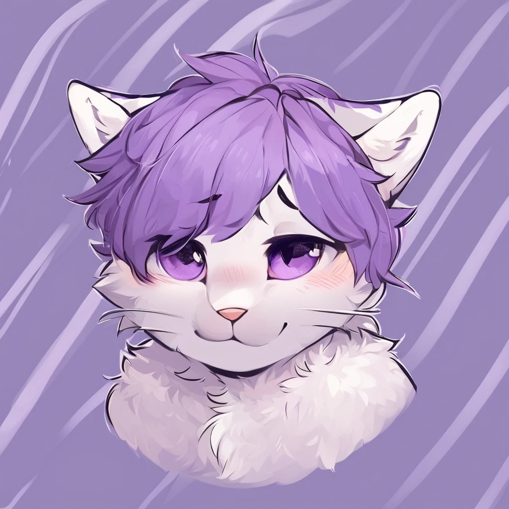 adult, feline, mammal, anthro, anthropomorphic, cat, striped, fur, striped_feline, fur, male, light_purple, purple_hair, fluffy, white, white_chest, shy, small_pupils, digital_art, high_resolution, high_res, hand-drawn, pencil_lines, head_visible, background, neck_visible, seductive_face, detailed_line_work, profile_picture, head_visible, neptune_background, purple_background, cute, white, posing, finger_paws, dream_pose, headshot, head_only, small_pupils, seducted_face