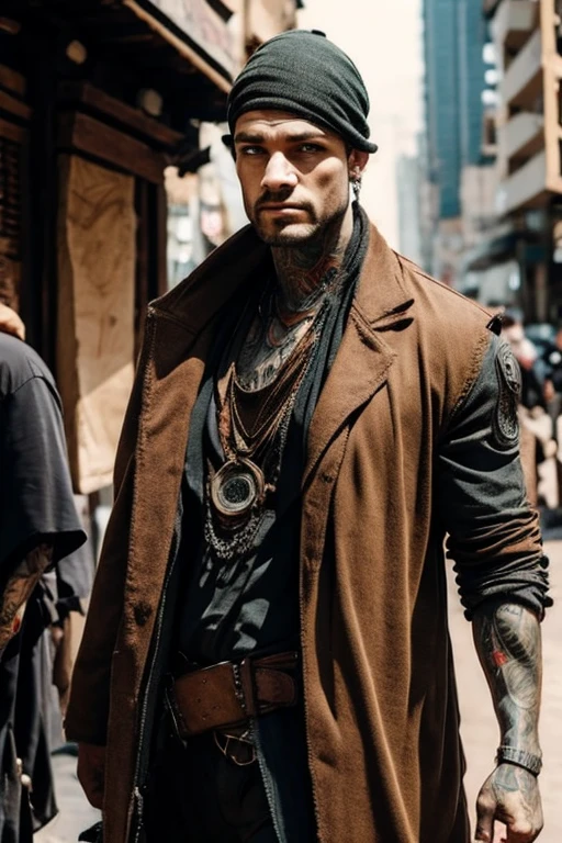 Cyberpunk, Scavenger, man, dressed in rags, tattoos, slaver