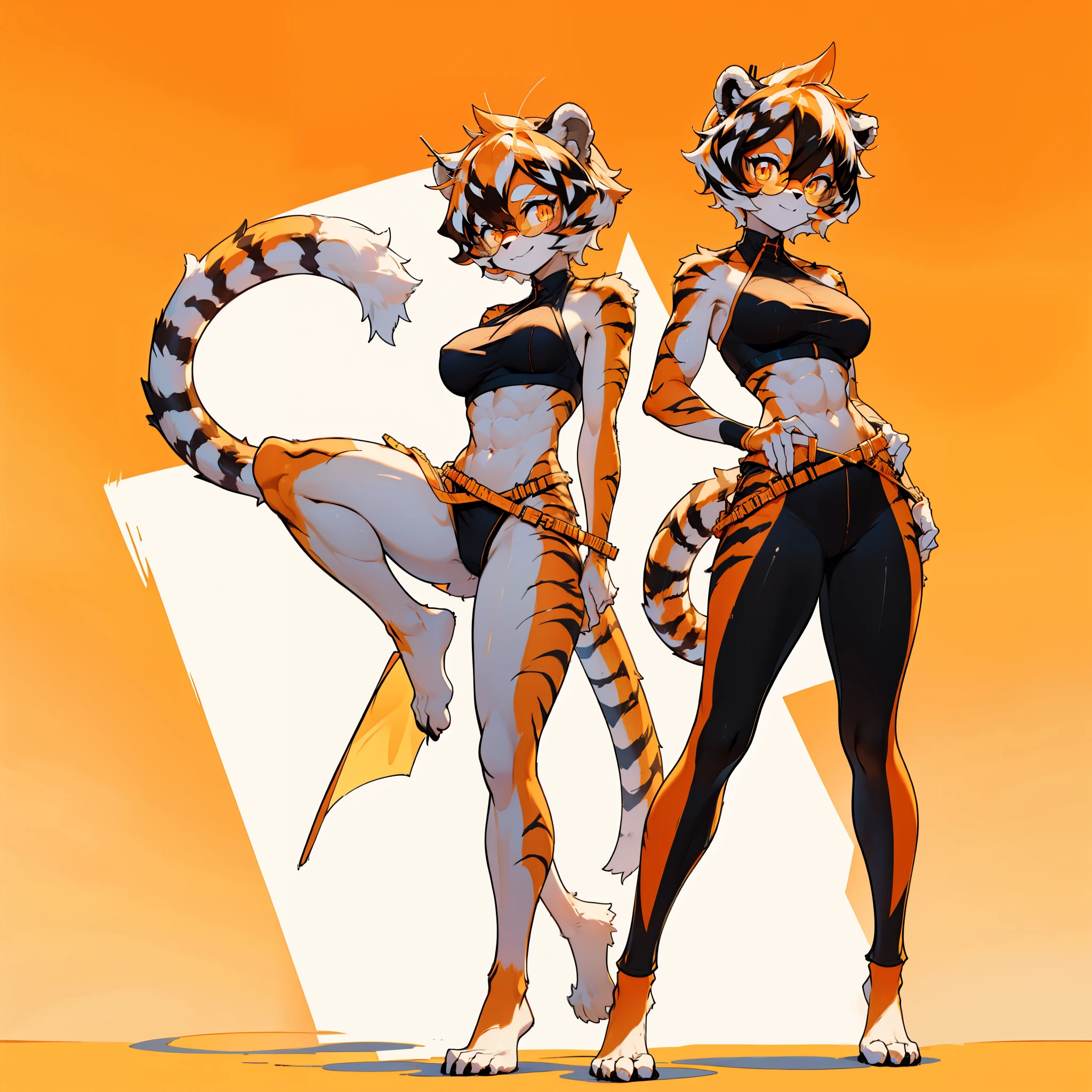 white background, full body, ((furry female:1.2)), Standing, animal ears, white hair, black hair, round eyewear, short hair, large breasts, muscle, tail, orange eyes, orange hair, multicolored hair, tiger girl, hair between eyes, tiger_ears, tiger_tail, orange-tinted_eyewear, tinted_eyewear, big breasts, evil smile, Shadows under feet, Abdominal muscles, (((Hooker outfit:1.2))),