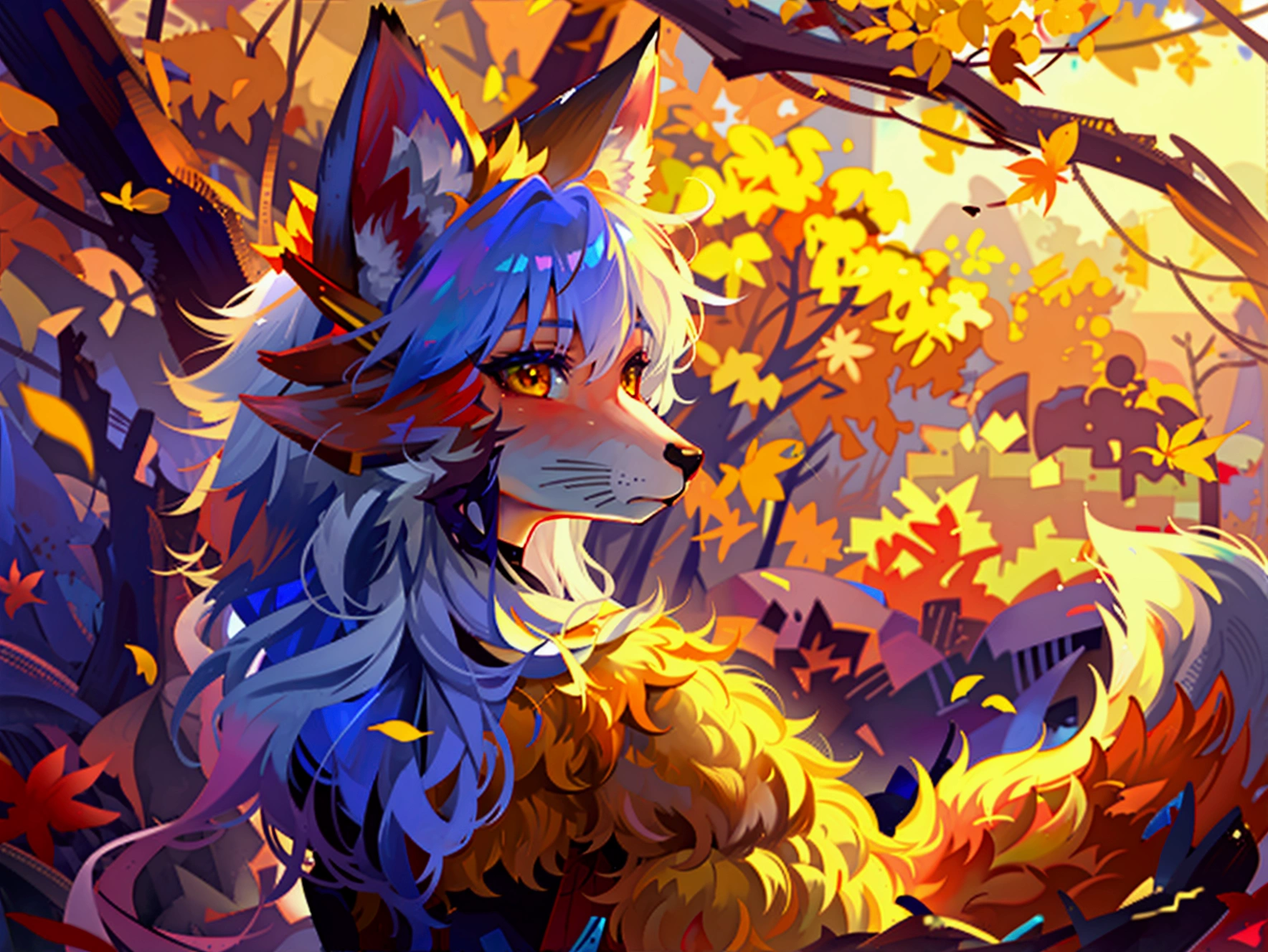 fox Light blue hair beast girl indigo fur fox beast girl Sesshomaru, Yellow eyes, Anime, Perfect face, Perfect Lighting, Outdoors, Warm colors, Dark purple sky, Autumn sunset, \(inuyasha\), Bearing Claw, Ready to fight