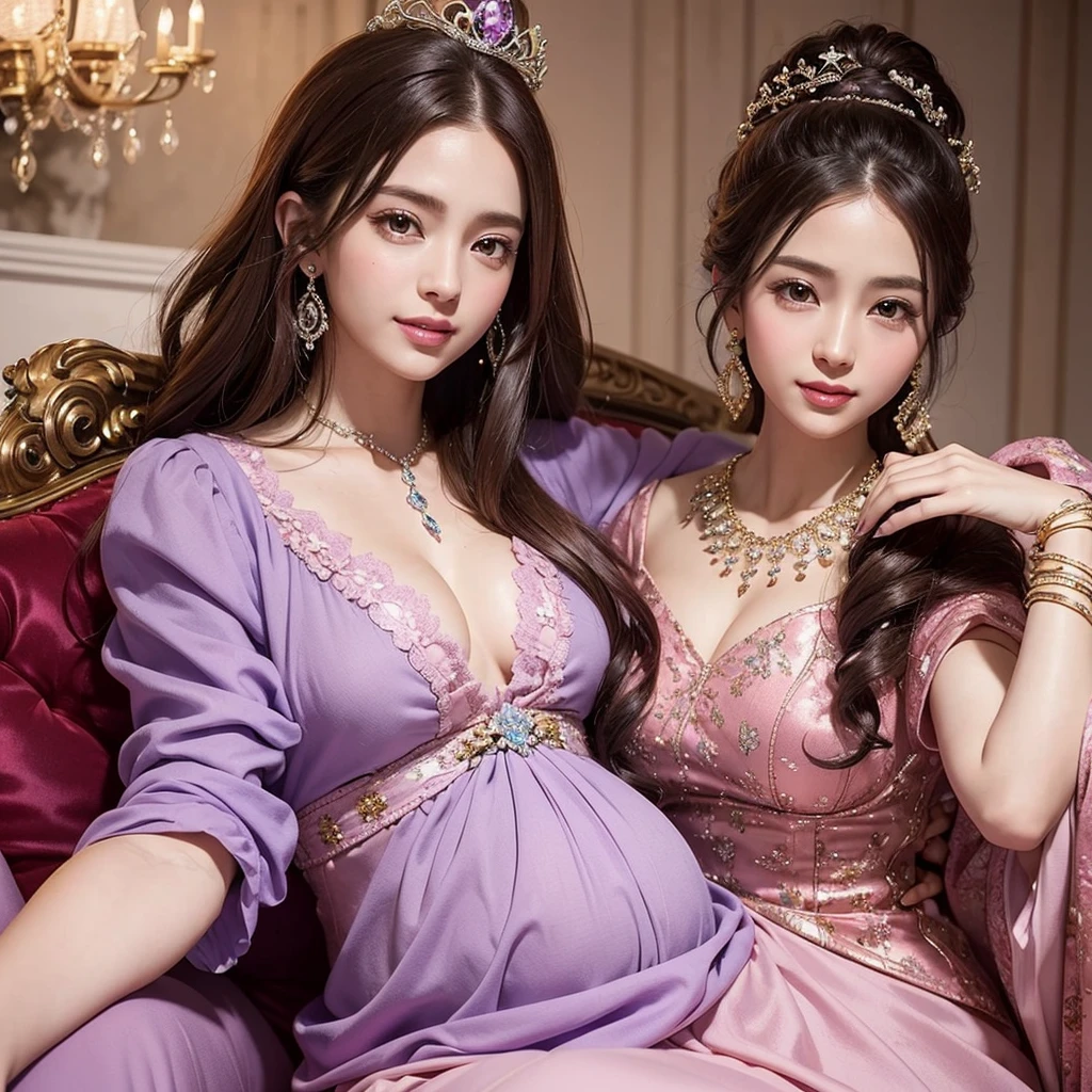 (((Highest quality, Flying debris, Ultra-high resolution、The most complex and detailed depiction、Awards, 8K、Bright and vivid)))、((1. Japanese Princess,pregnancy,Ultimate luxury with everything you can imagine,The most gorgeous purple and pink outfit,Purple and deep pink outfit,超巨大なThroneに座る,The most exquisite and luxurious luxury princess room,Shining in Complexity,Purple and deep pink glow、Beautiful brown hair、Front fixed,The best smile looking at the camera,Please laugh out loud,Smile kindly at me,Shot from close to the face)),((最もゴージャスなThrone、High-end Purple and deep pink outfits、A large amount of jewelry decoration,The world&#39;s largest giant tiara,Jewelry made with attention to detail,Detailed decoration,Glitter costumes,Shining Jewels、Huge decoration,Giant Costume,Big sleeves,Artistic decoration,Very detailed decoration,Very intricate decoration)),(Big and ample breasts,Familiar,Royal, Majestic, Queen, Queen quality,Tabletop, Intricate details,Realistic,, Front close-up, Throne, upright posture, Familiar顔,Perfect Teeth,White teeth,finely描かれた顔,Beautiful Face,Perfect Fingers,Just five fingers,High-quality RAW color photos, Professional photos, Very delicate and beautiful, Very detailed,finely)), (Huge and luxurious seats:1.2),fluffy,