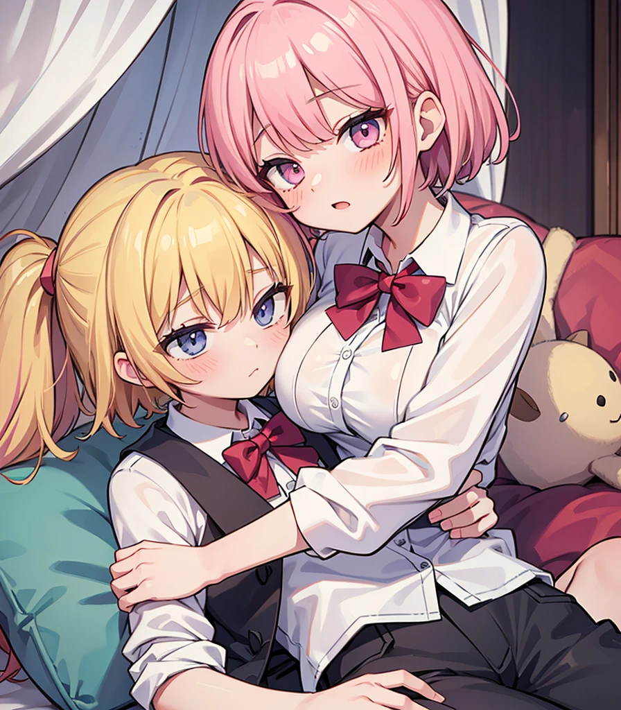 masterpiece, Highest quality, so beautiful, absurdists,High resolution,One girl, One boy,Cuddling in bed, like,sexly,Look at each one, blush,Age difference,bow tie,blondes,chest,Long Hair,Pink Hair,Tucked in shirt,short hair,skirt,Tent shirt,Slut,Big breasted sister and brother,Siblings, trousers,Pushing her big tits against her brother,(My brother's small erect penis),((((姉のvery huge breasts,Sister crushes her big tits in her brother's face)))),(((((Very huge breasts))))),(((((small penis,NSFW,Soft Very HUGE breasts))))),((Bursting Breasts,弟の顔を隠すHuge breasts)),((((((((Huge breasts,Large Breasts,とてもLarge Breasts、すごくLarge Breasts、とてつもなくLarge Breasts)))))))),Two people gazing at each other,puffy nipples