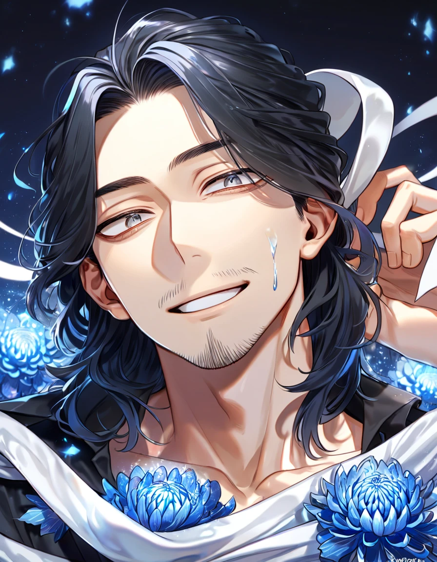 absurdres, highres, ultra detailed, HDR, master piece, best quality, extremely detailed, Eraser Head, black hair, medium hair, faint beard, expressive gray eyes, Boku No Hero Academia, solo, sexy man, handsome, handsome smile, gray scarf, black shirt, fantasy, water, sparkling, blue glittering fireflies, blue moon, blue blossoms, blue chrysanthemums, blue sparkling lights, starry sky