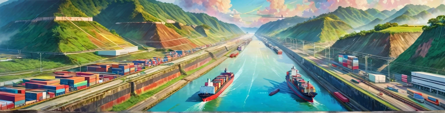 Panama Canal, paint, double exposure, (textura de paint:1.2), (Masterpiece:1.2), Best Quality, (hyperdetailed, more detailed:1.2), high resolution textures, beautiful landscape, Very detailed, very clear, (Panama Canal), vivid colors, HD, multicolor style