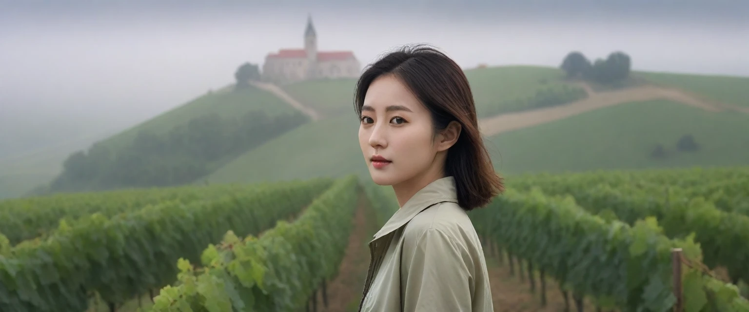 k Best picture quality, Beautiful 36-year-old Korean woman, Chest size 34 inches, The cathedral can be seen through the early morning fog past the vineyards in the Croatian countryside., The back background is realistic and vivid image quality, medium hair, Casual and British - (Beige short-sleeved windbreaker for summer) ,Perfect and realistic photos, The background is realistic. Full body shot with Canon camera 16-35 wide angle lens, expressionless, Standing on a vineyard hill covered in thick fog, Look at the front camera, Full body photo of someone walking from a distance