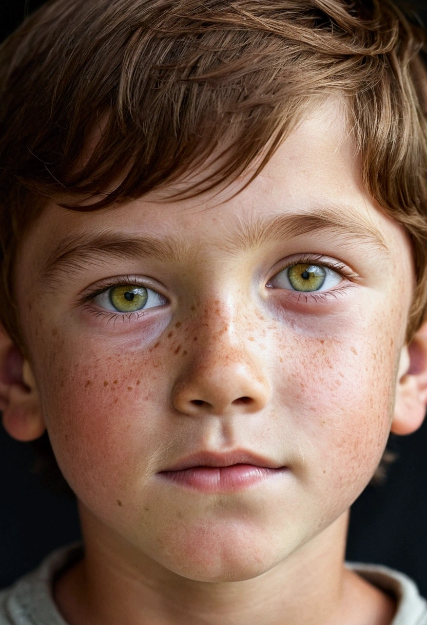 Young boy brown hair and lime eyes...He has freckles and light skin...