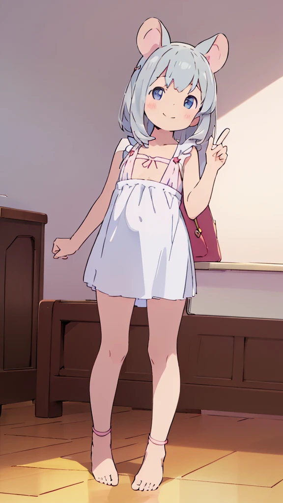 ((masterpiece))((Highest quality))Mouse Ears、girl、smile、blush、Flat Chest、Are thin、Gray Hair、blush、Are standing、Whole body image、Even your toes are visible、Eye level on face、front、No background、Mouse pose、真frontのアングル