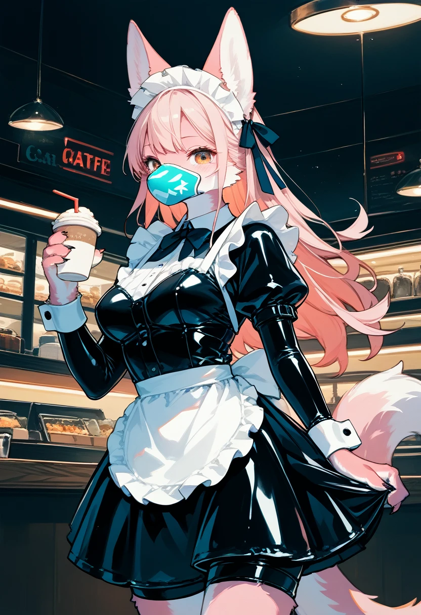 Highest quality, Highest quality, High quality illustrations, masterpiece, Ultra-high resolution, Detailed Background, maid Cafe, Absurd, Perfect Anatomy, performance, Good lighting, Shadows in the movies(kemono, Furry Personifi猫ion), Pink Skin, Rubber suit, Rubber suit, latex, neon, neonライト, neonカラー, Rubber maid outfit, ribbon, Rubber mask