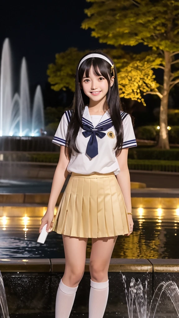 Japanese high school girl smiling young face long black hair straight long black hair gold hairband gold short sleeve sailor uniform gold pleated skirt black socks gold loafers standing in front of fountain square park nostalgic scenery full moon night starry night
