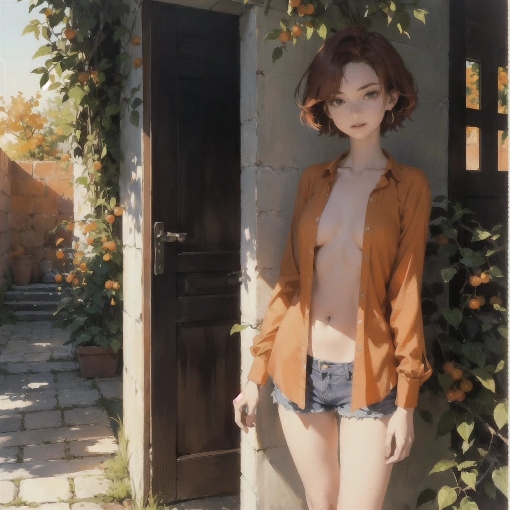 Exquisite, slender, delicate girl of  with a perfect gentle face of the southern type (with short red hair) with freckles with a ruby earring in the rays of the rising sun, naked with t bare breasts with pinks (barefoot) ((in ttoned open orange shirt over his naked body and short orange sho (on the veranda in the garden) Drinks (coffee) and looks at the flowers, in watercolor style, discreet light shades, Flares, (imitation of film photography), against the sun, a lot of sun glare, light fills the frame, olive and grape groves, strong wind, Brick Road, high image quality, Maximum detail, sunset lighting, Warm evening shades, (warm golden and olive sunset light), big space eyes, olive and grape groves, Brick Road