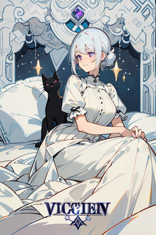 (of the highest quality、16k、Masterpiece、ultra high resolution、victorian era、photorealistic:1.2)、A delicate girl with platinum white hair, his eyes are amber, 20 year old woman lying in bed at dusk, surrounded by crystals and a completely black cat with purple eyes. Her platinum hair is messy., framing its androgynous charm. She wears a flowing white dress with blue trim... A subtle smile plays on his lips., Your skin shines with the moon with an ultra-dense texture., and his fingers are full and detailed.