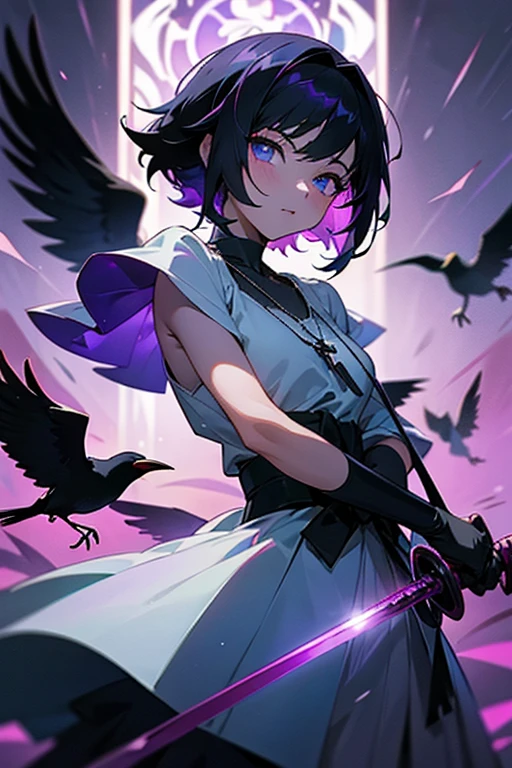 shadow covered girl, covered in shadows,Anime girl holding sword katana, anime, short black hair with neon purple highlights, hair is above shoulder height, smooth beautiful, 4k, anime art, pendant on hair, cross t necklace, vivid white dress, crows in scene,beautiful eyes