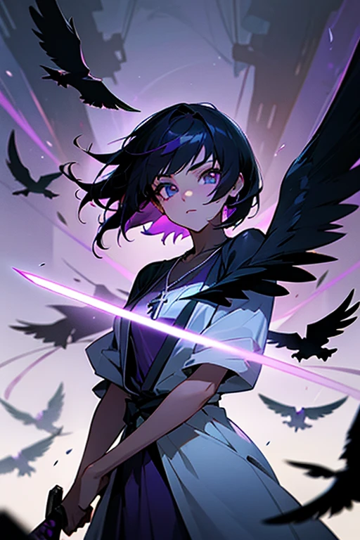shadow covered girl, covered in shadows,Anime girl holding sword katana, anime, short black hair with neon purple highlights, hair is above shoulder height, smooth beautiful, 4k, anime art, pendant on hair, cross t necklace, vivid white dress, crows in scene,beautiful eyes