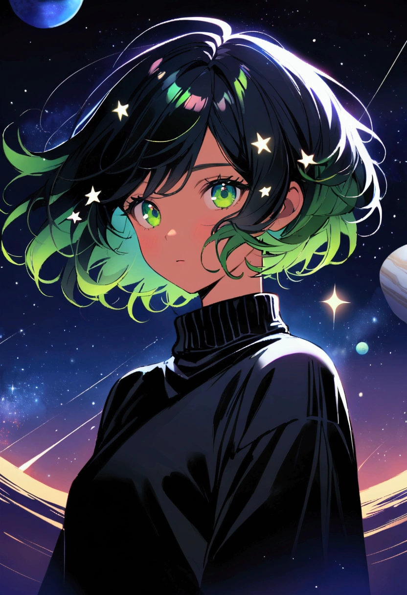 Sky, it's night, the night is full of stars, there are planets in the sky, bright colors, Incredible details, Shiny hair, spectacular hair, , short hair, galaxy hair, green eyes, silhouette, tanned, black sweater,