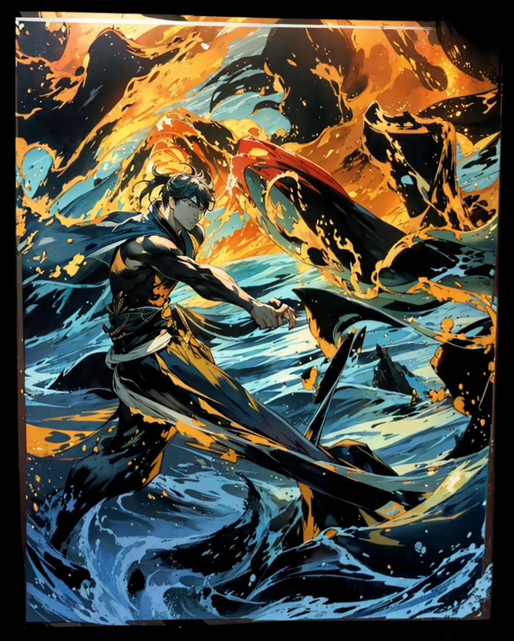 There is a martial arts character Yang Guo in the middle of the picture,Standing in the sea with his left arm broken, practicing martial arts facing the sea。On the right side of the picture is Xiao Longnu’s side face floating in the air.。The sea is rough,turbulent weather,terrain changes,The colors are distinct and blended,Clear changes in light and shadow,Silky smooth and delicate watercolor painting