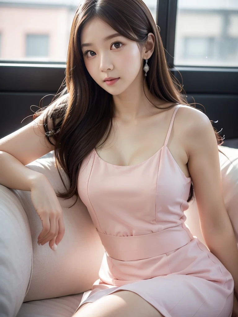 White Room、Salmon pink chiffon dress、(Highest quality)、((Very detailed))、4K、(8K)、masterpiece、Very detailedな、Highest quality、Super Resolution、1 person、Kind Face、Soft Light、RAW quality、Soft Skin、163cm、30 years old、Thighs