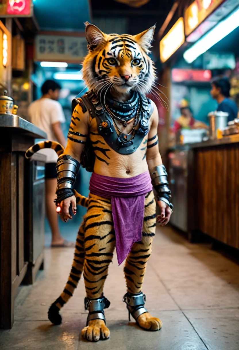 photo, The cutest click bait monster on earth, cat, cyberpunk、Krishna, the female tiger, walking on two legs, with wide, kind eyes, wearing a loincloth, like Puss in Boots,Behind the restaurant kitchen、