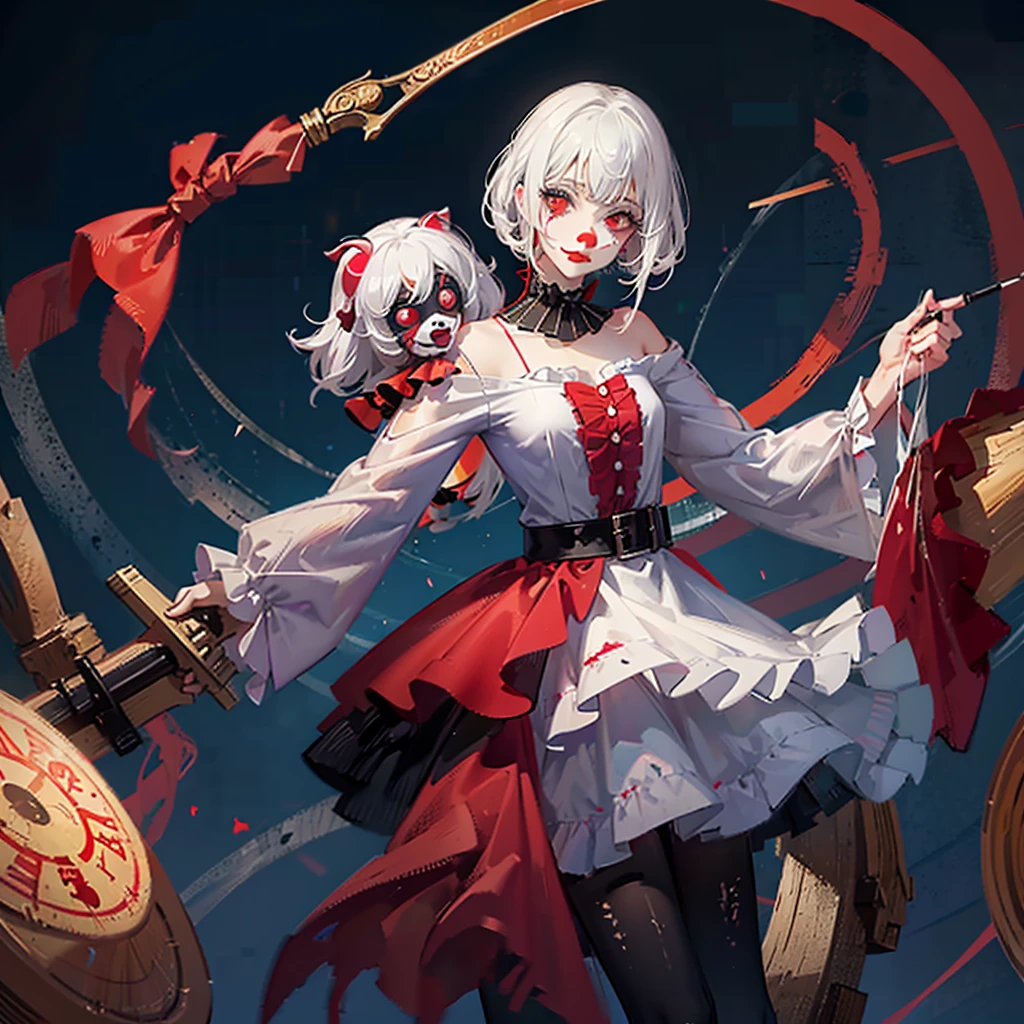 girl with clown makeup, clown suit, covered in blood, white hair, red eyes, horsetails, holding machete, circus on background