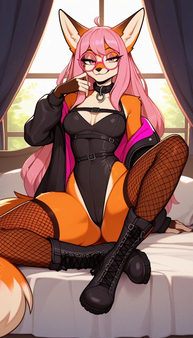 Half-closed eyes, seductive expression, 1girl, anthro, furry, fur, fluffy fur, fox girl, bedroom background, pink hair, pink eyes, long hair, full body, (19 years), medium breast, thicc thighs, solo, (bedroom), detailed, black jacket, black leotard, smug smile, fishnet stockings, black boots, half-closed eyes, black collar, pink glasses, score_9, score_8_up, score_7_up, score_6_up, score_5_up, score_4_up