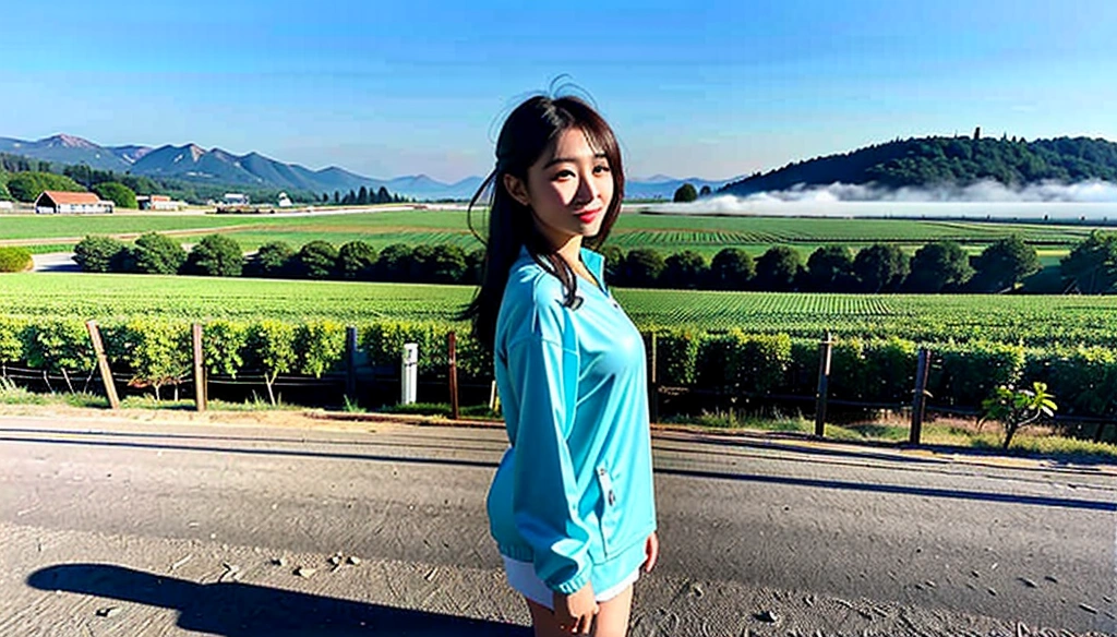 k Best picture quality, Beautiful 36-year-old Korean woman, Chest size 34 inches, Passing through the vineyards in the Swiss countryside, the cathedral is visible through the early morning fog., The back background is realistic and vivid image quality, medium hair, Casual and British - (Short-sleeved windbreaker for summer) ,Perfect and realistic photos, The background is realistic. Full body shot with Canon camera 16-35 wide angle lens, expressionless, Standing on a vineyard hill covered in thick fog, Look at the front camera, Full body photo of someone walking from a distance