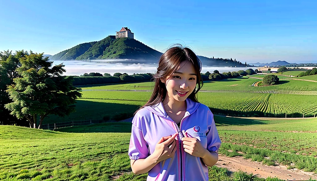 k Best picture quality, Beautiful 36-year-old Korean woman, Chest size 34 inches, Passing through the vineyards in the Swiss countryside, the cathedral is visible through the early morning fog., The back background is realistic and vivid image quality, medium hair, Casual and British - (Short-sleeved windbreaker for summer) ,Perfect and realistic photos, The background is realistic. Full body shot with Canon camera 16-35 wide angle lens, expressionless, Standing on a vineyard hill covered in thick fog, Look at the front camera, Full body photo of someone walking from a distance