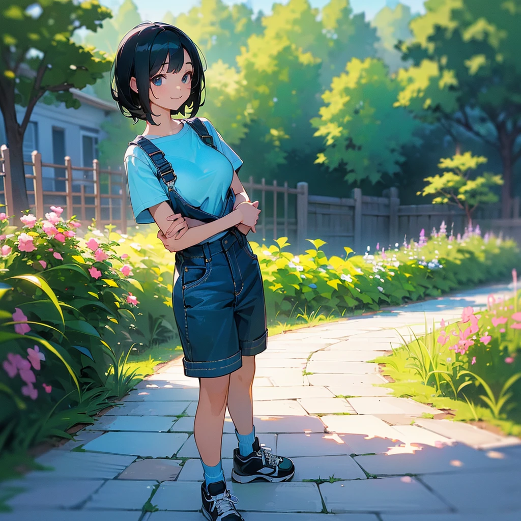 (high quality, High resolution, Very detailed, reality:1.37), Peaceful atmosphere, (Outdoor, garden), Teenage girl standing alone, (my breasts are big.), Beautiful details, Cute Smile, (Black bob hair), Short sleeve shirt, Overalls, Blue socks, sneakers.