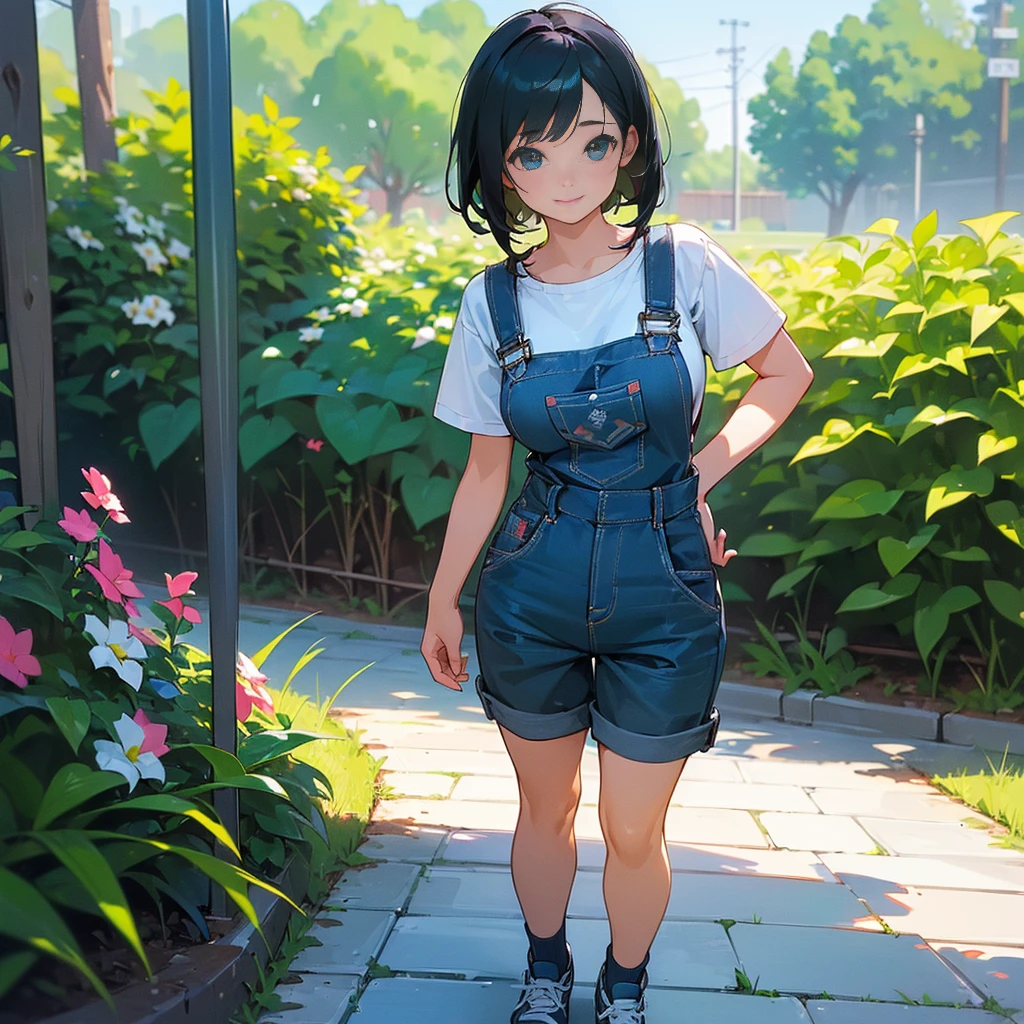(high quality, High resolution, Very detailed, reality:1.37), Peaceful atmosphere, (Outdoor, garden), Teenage girl standing alone, (my breasts are big.), Beautiful details, Cute Smile, (Black bob hair), Short sleeve shirt, Overalls, Blue socks, sneakers.