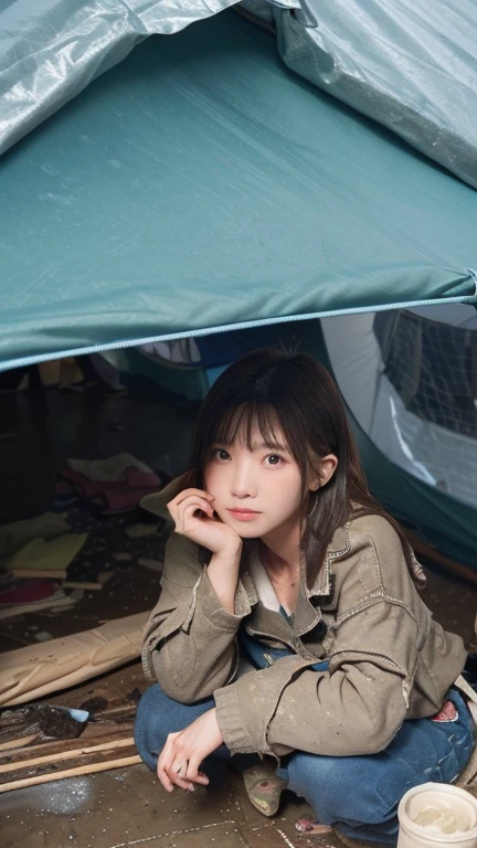 18-year-old,Homeless,Korean women,Pitch blachair,Tattered clothes,(((Folded Room))),(((Slums))),Squat,((( In a destroyed city,Oil,Mud stains))),(((Frowning,カメラを睨みつhairる))),((((Rubble pile))),after disaster,Very beautiful eyes, junhair,((Inside the barrachair tent)),((Evacuation)),(((he&#39;s wearing a tattered and dirty blachair hoodie.,Wear baggy pants))),(((collapsing buildings))),(((Tragic))),((photograph)),(((Fabric Shading))), (((Highest quality))), (((masterpiece))) strong girl, ((((Realistic)))),,Blachair Hair, chic hairstyle, ((前hairあり,Straight medium bob cut, Nice hair)), Light mahaireup,Red eyes, (((I&#39;m not wearing lipstichair))), (Nice, strong), (((strong夜の雰囲気))), Centered Images, Loohairing at the camera, Elegant colors,Realistic Shairin,Realistic texture,８hair,whole body,Pale shairin,Red Iris,Expressionless,睨みつhairる,Perfect Face,(((Big eyes)))

