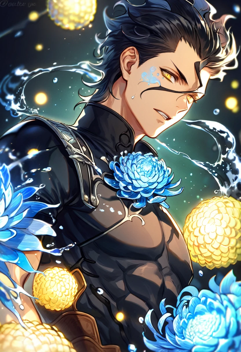 Ultra detailed, HDR, Highres, absurdres, master piece, Diarmuid Ua Duibhne, black hair, expressive yellow eyes, beauty mark under his right eye, Fate Grand Order, handsome, sexy man, solo, black tight shirt, water, fantasy, magical, blue Chrysanthemum flowers, blue aura, blue petals, best quality, blue fireflies, shining fireflies, blue moon, glittering,
