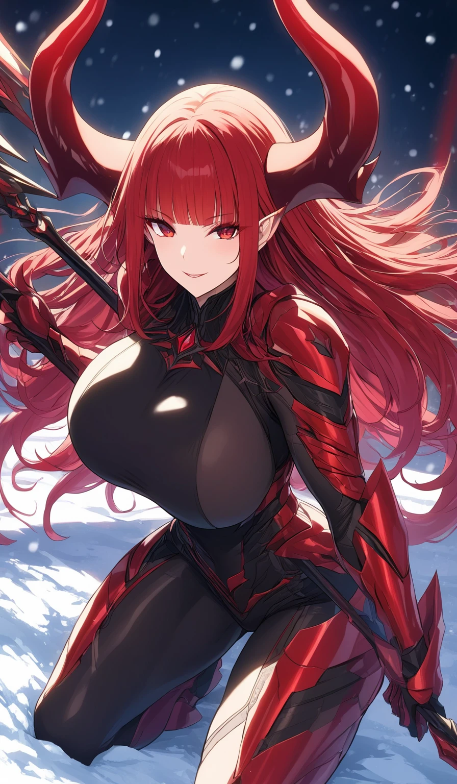 Masterpiece, very detailed, ultra detailed, one, (1 woman), athletic body, six press packages, she is in futuristic red armour with bright black details, with a large and detailed spear, in a stable and fighting position, super mature, tall, milf, mature mother, long hair, straight hair and straight bangs, bright red hair, red demonic horns, beautiful, charming, blood red eyes, elegant, big breasts, wise smile, charming, against the background of snow, ice and winter.