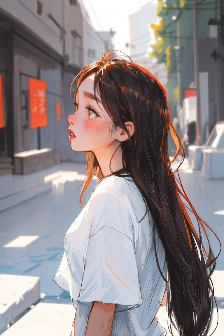 One girl, iceクリーム, Brown Eyes, Brown Hair, Blurred, Blurred background, Midsummer,Light of the sun,iceクリーム, long-tailed , look up, Long Hair, profile, ice, Short sleeve,alone, ((masterpiece