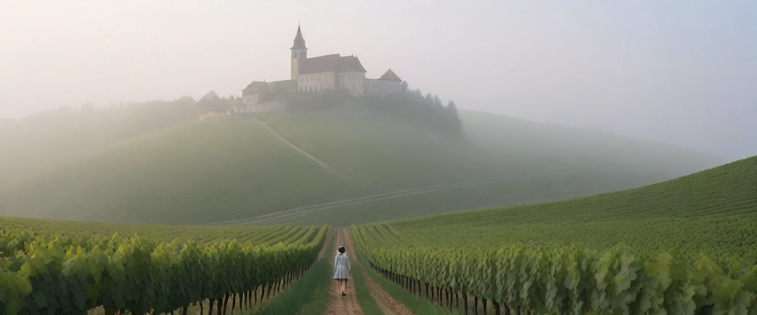k Best picture quality, Beautiful 36-year-old Korean woman, Chest size 34 inches, Passing through the vineyards in the Swiss countryside, the cathedral is visible through the early morning fog., The back background is realistic and vivid image quality, medium hair, Casual and British - (Short-sleeved windbreaker for summer) ,Perfect and realistic photos, The background is realistic. Full body shot with Canon camera 16-35 wide angle lens, expressionless, Standing on a vineyard hill covered in thick fog, Look at the front camera, Full body photo of someone walking from a distance