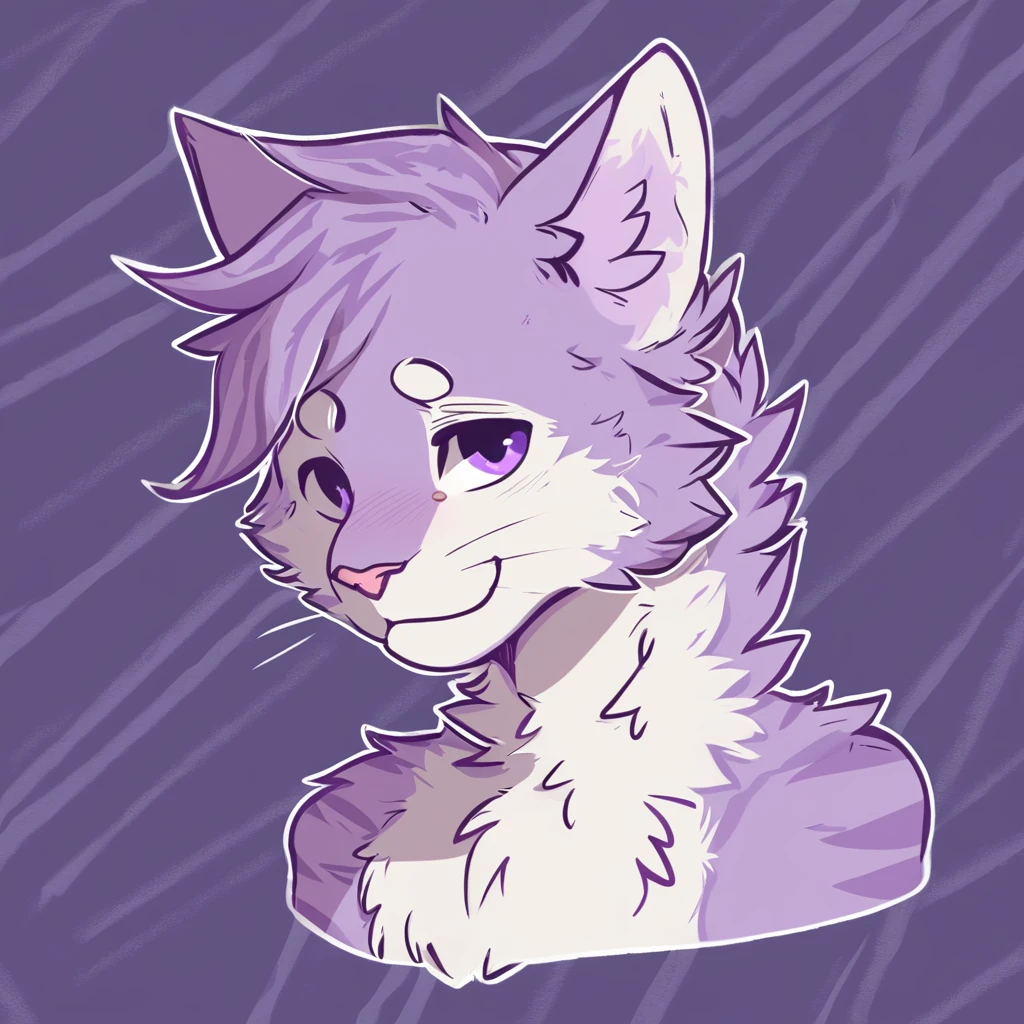adult, feline, mammal, anthro, anthropomorphic, cat, striped, fur, striped_feline, fur, male, light_purple, purple_hair, fluffy, white, white_chest, shy, small_pupils, digital_art, high_resolution, high_res, hand-drawn, pencil_lines, head_visible, background, neck_visible, seductive_face, detailed_line_work, profile_picture, head_visible, neptune_background, purple_background, cute, white, posing, finger_paws, dream_pose, headshot, head_only, small_pupils, seducted_face, tufts, paws, chest