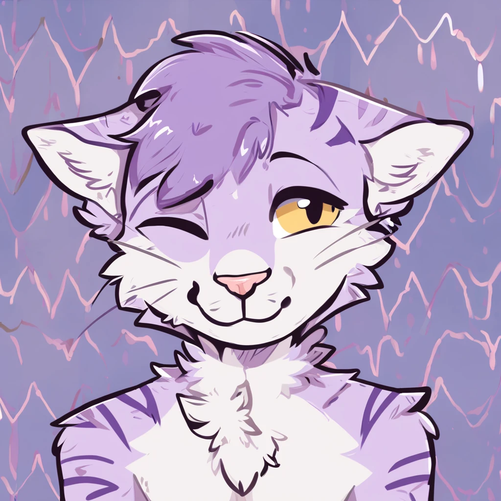 adult, feline, mammal, anthro, anthropomorphic, cat, striped, fur, striped_feline, fur, male, light_purple, purple_hair, fluffy, white, white_chest, shy, small_pupils, digital_art, high_resolution, high_res, hand-drawn, pencil_lines, head_visible, background, neck_visible, seductive_face, detailed_line_work, profile_picture, head_visible, neptune_background, purple_background, cute, white, posing, finger_paws, dream_pose, headshot, head_only, small_pupils, seducted_face, tufts, paws, chest