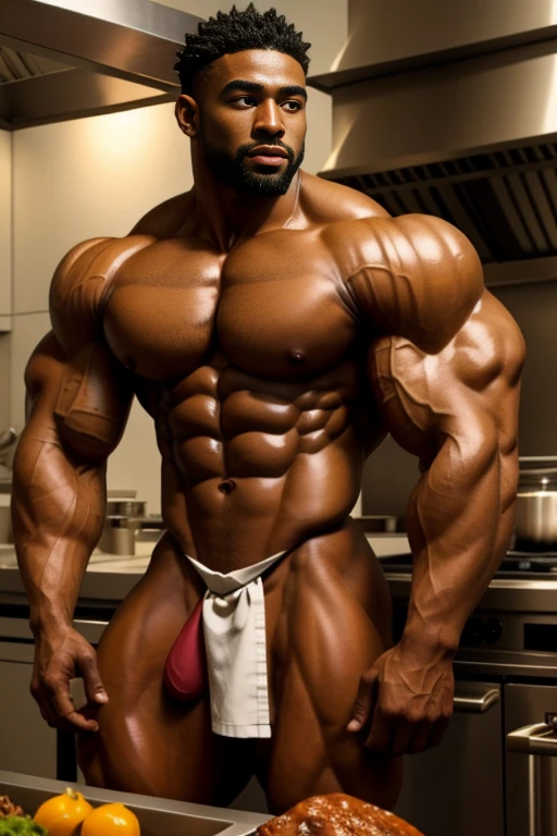 1 sexy African American with semi-short hair with tattoos on his body with a lot of body hair he is super strong with a lot of muscle., completamente naked, Ella lleva un pequeño traje de mucama muy transparente y muy developer y sexy., play chef in the kitchen, developer, naked, oily body.