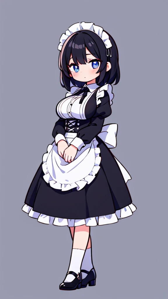 1 girl,maid clothes black hair,long straight,eyes light blue,pupil black,big breasts,full body,front facing,background simple