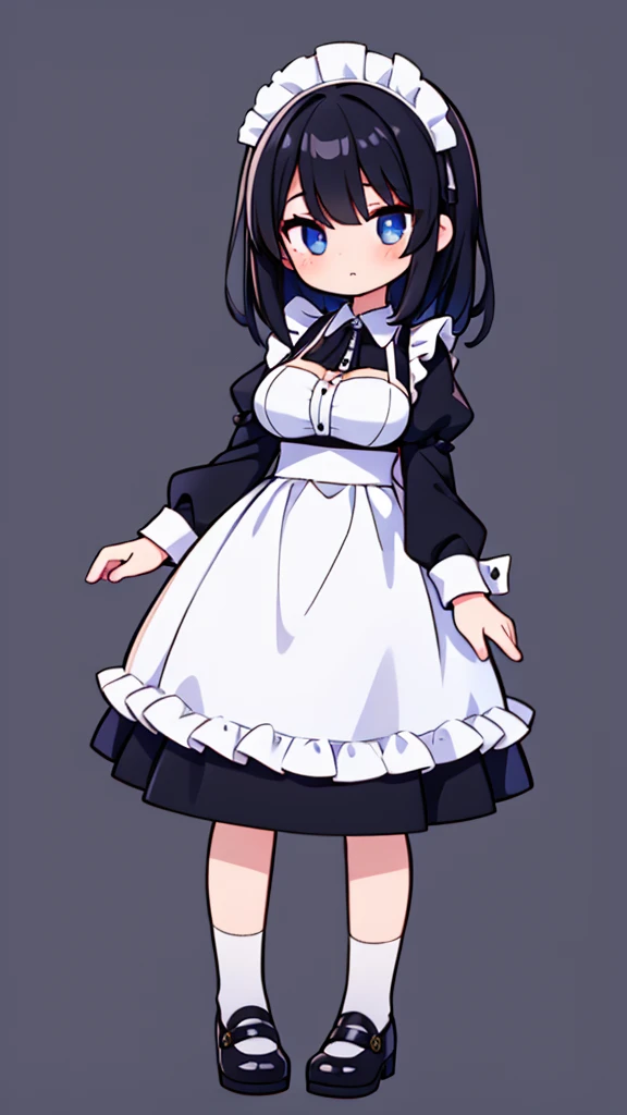 1 girl,maid clothes black hair,long straight,eyes light blue,pupil black,big breasts,full body,front facing,background simple