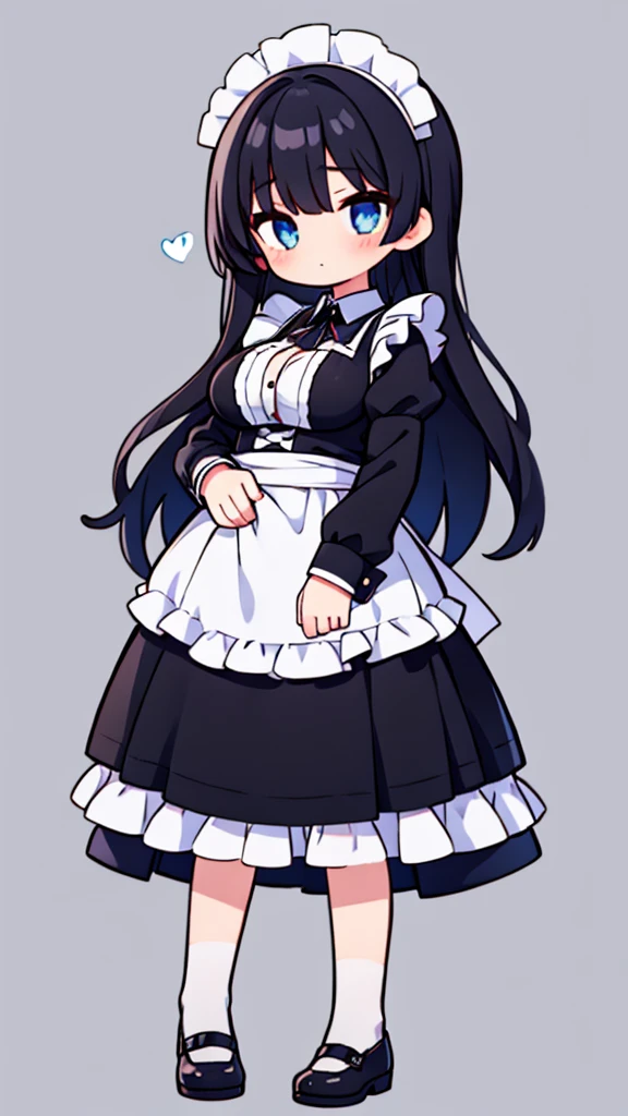 1 girl,maid clothes black hair,long straight,eyes light blue,pupil black,big breasts,full body,front facing,background simple