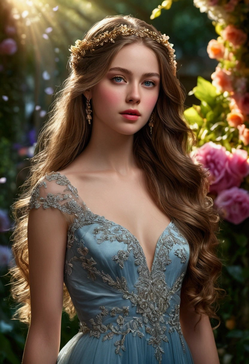 a girl in a secret garden, beautiful detailed eyes, beautiful detailed lips, extremely detailed face, long eyelashes, serene expression, elegant dress, sunlight streaming through trees, lush foliage, ornate stone fountain, reflections in water, (best quality, 4k, 8k, highres, masterpiece:1.2), ultra-detailed, (realistic, photorealistic, photo-realistic:1.37), dramatic lighting, warm color palette, cinematic composition