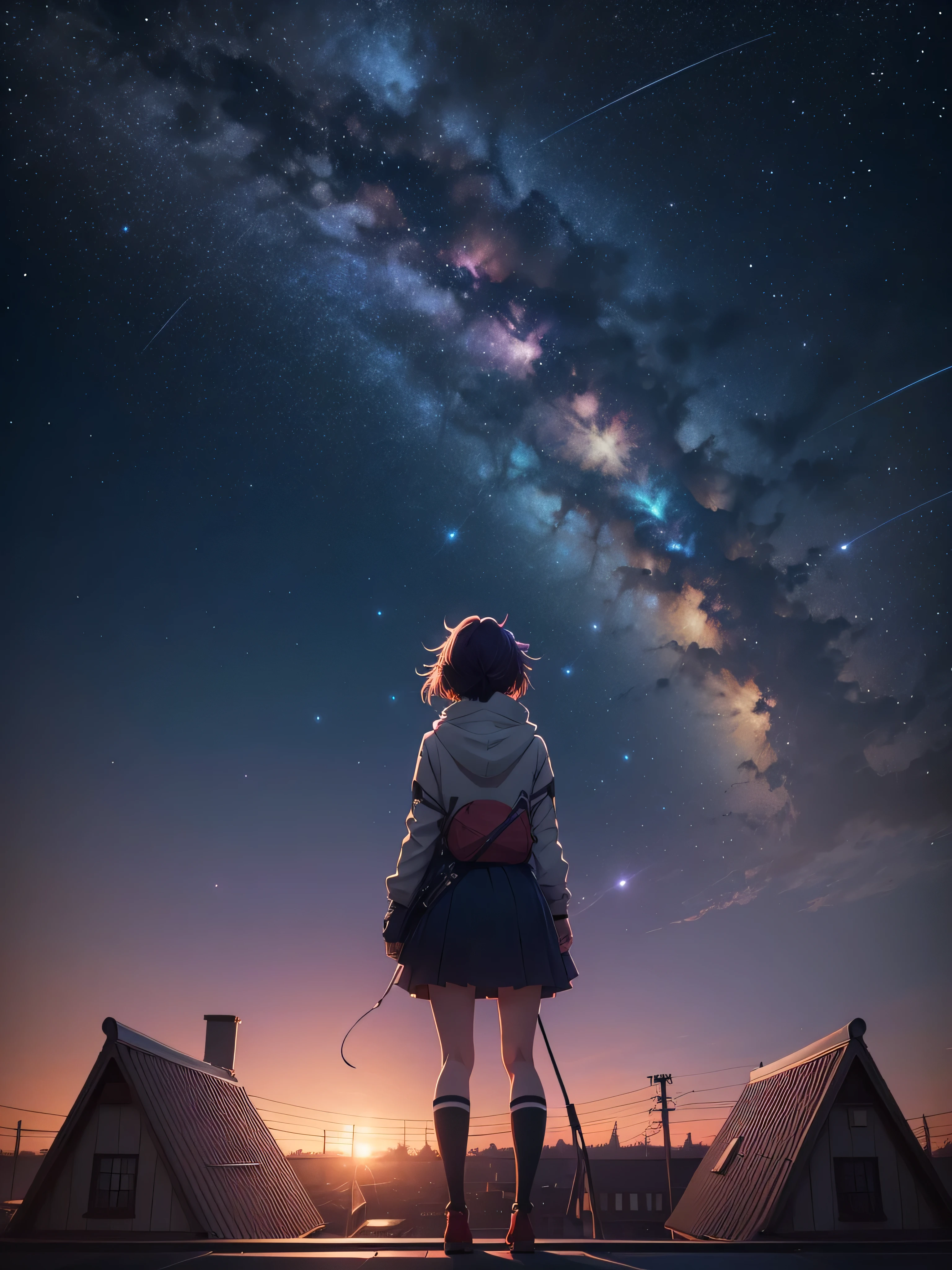 anime girl standing on the roof looking at the night sky with stars, anime wallpaper 4k, anime wallpaper 4 k, 4k anime wallpaper, 8K anime art wallpaper, 4k anime art wallpaper, 4K anime art wallpaper, 4K anime-style, makoto shinkai cyril rolando, 4k manga wallpaper, anime wallpaper, amazing wallpaper, shooting stars