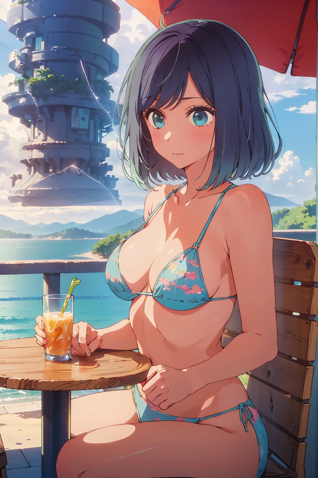 (Highest quality:1.4、masterpiece:1.uper detailed:1.4、8K:1.4)、((((1 person、Surprised expression、sit、Outdoor café terrace、coastal、juice、table、Sandy Beach、juiceのグラスを持つ、Micro Bikini、Very soft boog eyes、Very cute face))))、(with a thunderstorm:1.4)、F cup bust、Medium breast、Uob、Sideboob