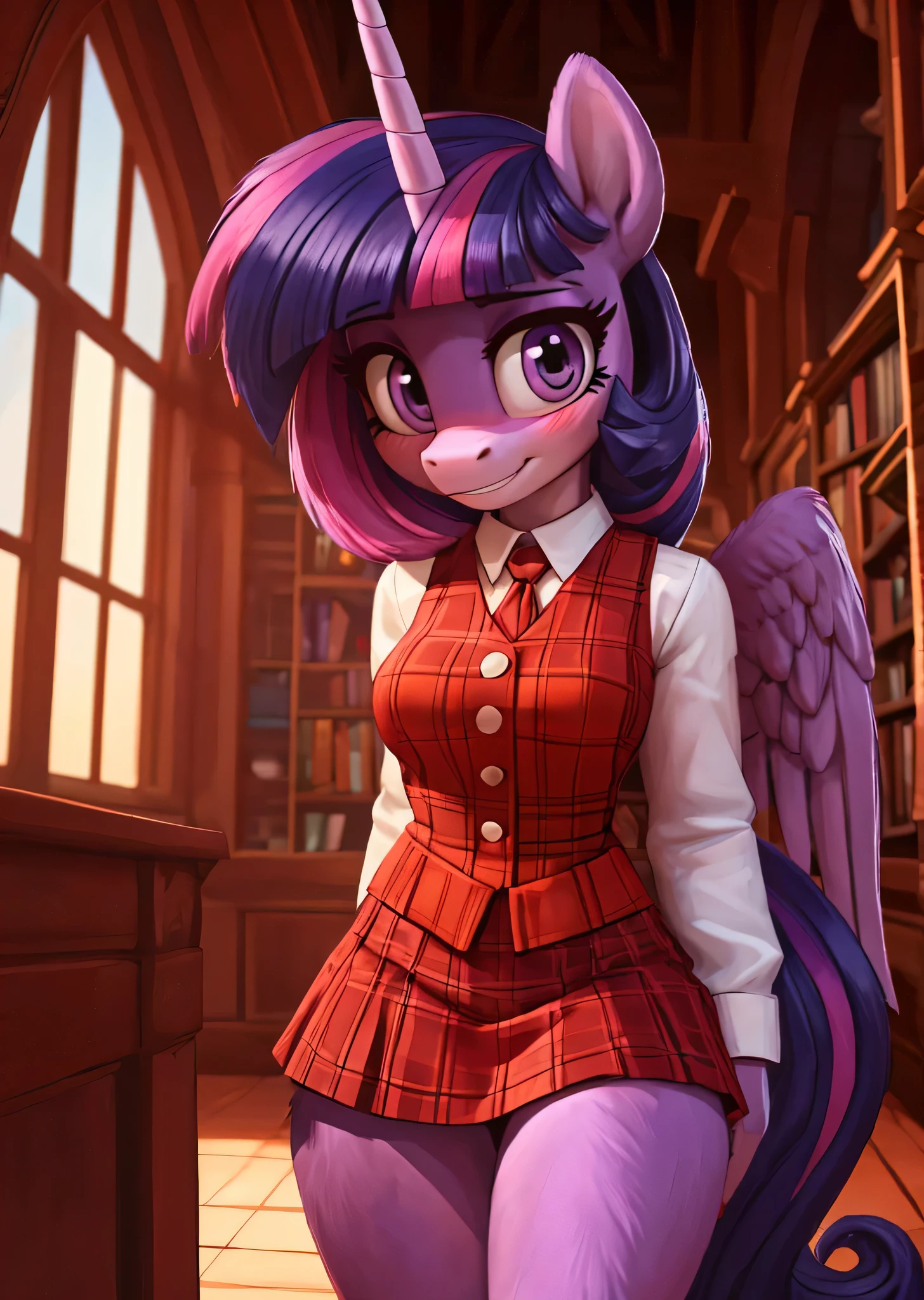 [twilight sparkle], [Uploaded to e621.net; (Pixelsketcher), (mayosplash), (wamudraws)], [uploaded to twitter.com; (@senip)], ((masterpiece)), ((HD)), ((high res)), ((solo portrait)), ((waist up)), ((front view)), ((pony; anthro)), ((detailed fur)), ((detailed shading)), ((beautiful render art)), {anthro female; slim figure, light-purple fur, horse snout, long purple hair pink highlights, long purple tail pink highlights, light-purple unicorn horn, light-purple pegasus wings, long eyelashes, cute purple eyes, small , curvy hips, beautiful legs, blushing, cute smile, nervous expression}, {red vest, long white sleeves, red plaid skirt, black boots}, {looking at viewer}, [ambient lighting, library, window, sunset]