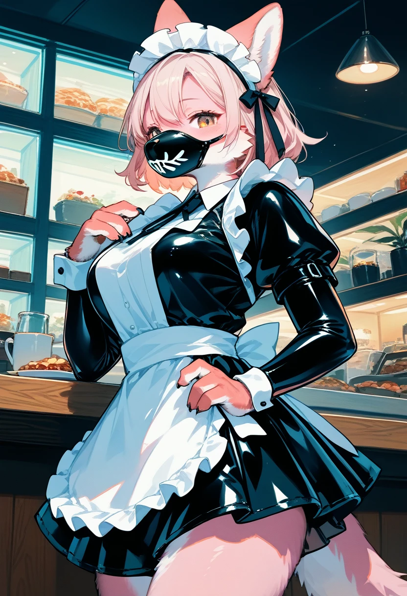 Highest quality, Highest quality, High quality illustrations, masterpiece, Ultra-high resolution, Detailed Background, maid Cafe, Absurd, Perfect Anatomy, performance, Good lighting, Shadows in the movies(kemono, Furry Personifi猫ion), Pink Skin, Rubber suit, Rubber suit, latex, neon, neonライト, neonカラー, Rubber maid outfit, ribbon, Rubber mask