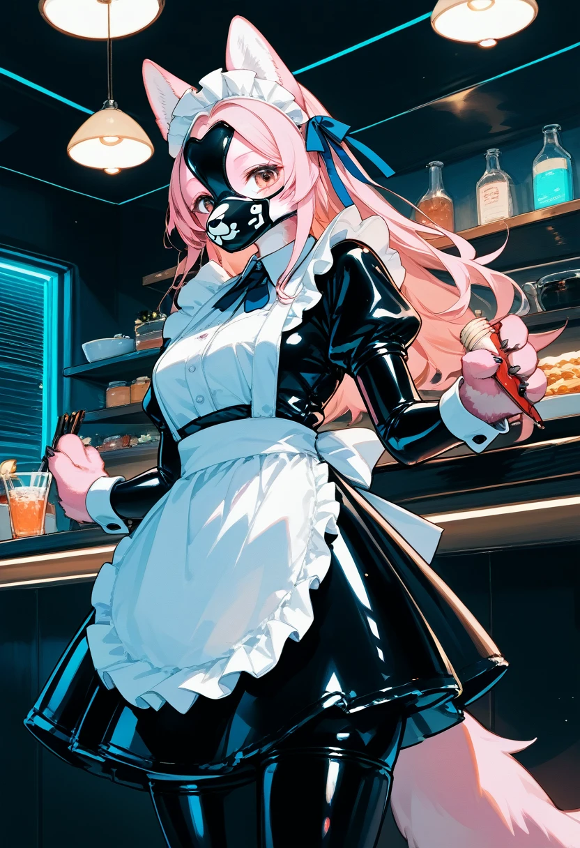 Highest quality, Highest quality, High quality illustrations, masterpiece, Ultra-high resolution, Detailed Background, maid Cafe, Absurd, Perfect Anatomy, performance, Good lighting, Shadows in the movies(kemono, Furry Personifi猫ion), Pink Skin, Rubber suit, Rubber suit, latex, neon, neonライト, neonカラー, Rubber maid outfit, ribbon, Rubber mask