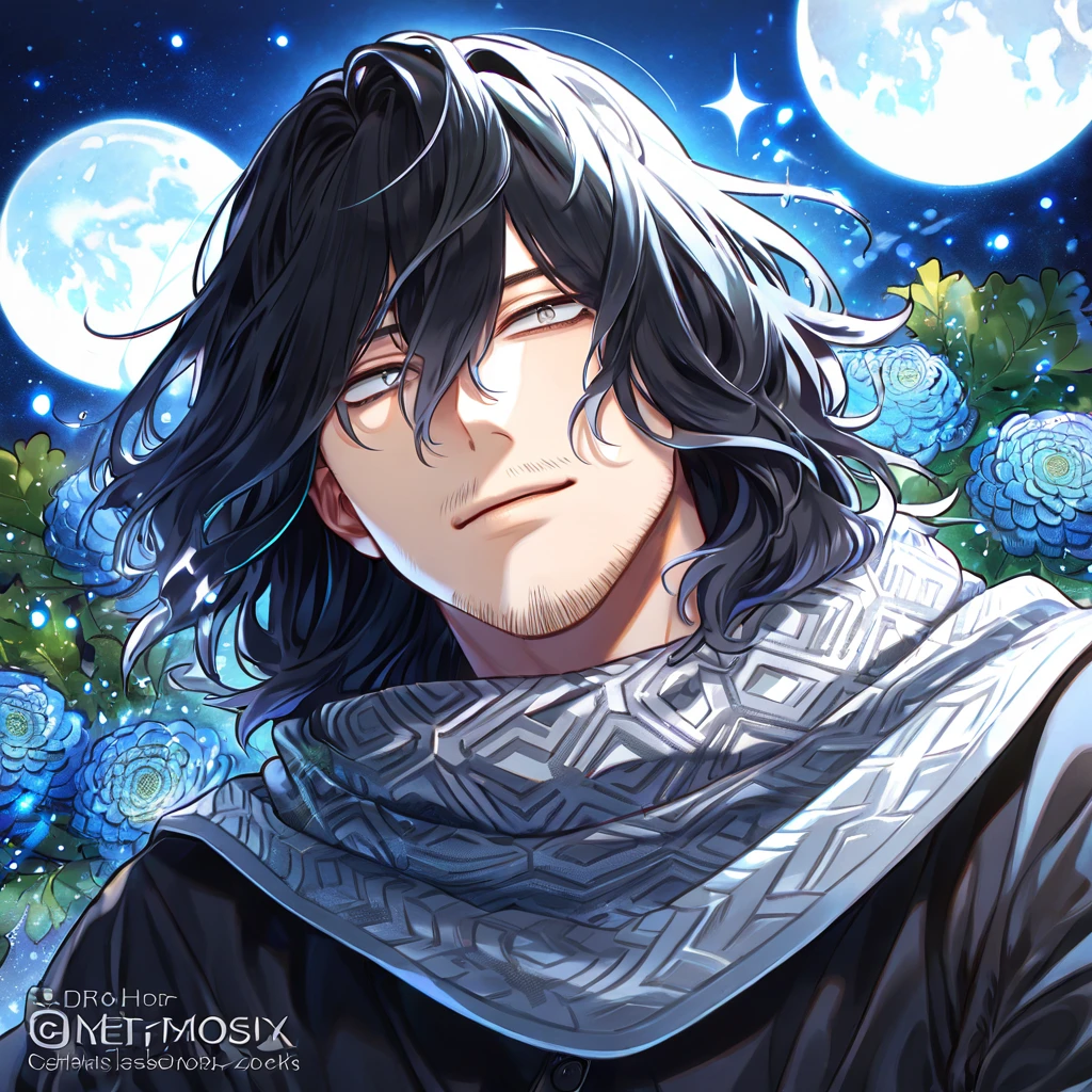 absurdres, highres, ultra detailed, HDR, master piece, best quality, extremely detailed, Eraser Head, black hair, medium hair, faint beard, expressive gray eyes, Boku No Hero Academia, solo, sexy man, handsome, handsome smile, gray scarf, black shirt, fantasy, water, sparkling, blue glittering fireflies, blue moon, blue blossoms, blue chrysanthemums, blue sparkling lights, starry sky