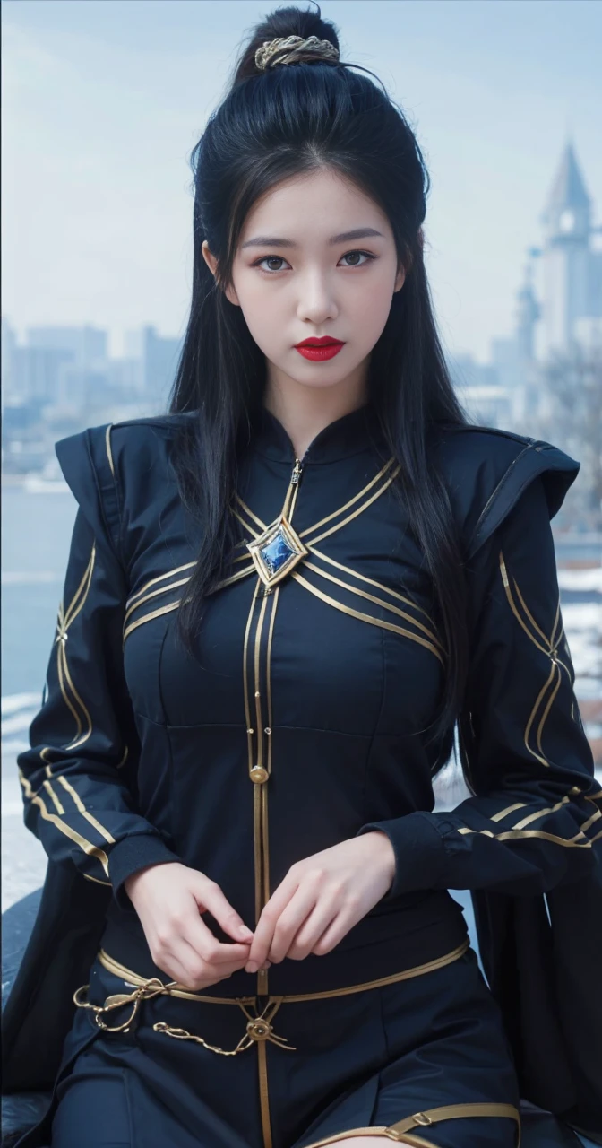best quality, tmasterpiece,Ultra-high resolution,Clear face,(Reality:1.4),ferpect lighting,(upper body shot), (photorealistic:1.50), anime wallpaper, Guviz style artwork, cover-up fantasy up to magic , by Yang J, Guviz, beautiful artwork illustration, beautiful digital artwork, beautiful digital illustration, Li Song, beautiful anime portrait, art style in Beauvot, Lips wear thick red lipstick