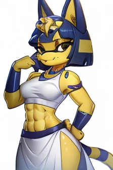 ((best quality)), ((masterpiece)), (detailed), ((2k)), trending on artstation, furry, furry style, anthro style, perfect face, a digital artwork of a sexy Ankha with abs wearing a crop top of her white sleeveless dress with white long dress skirt, a bare midriff, a bare navel, an exposed belly button, Egyptian setting, smug face, tail, blue Egyptian handbands, navel piercing